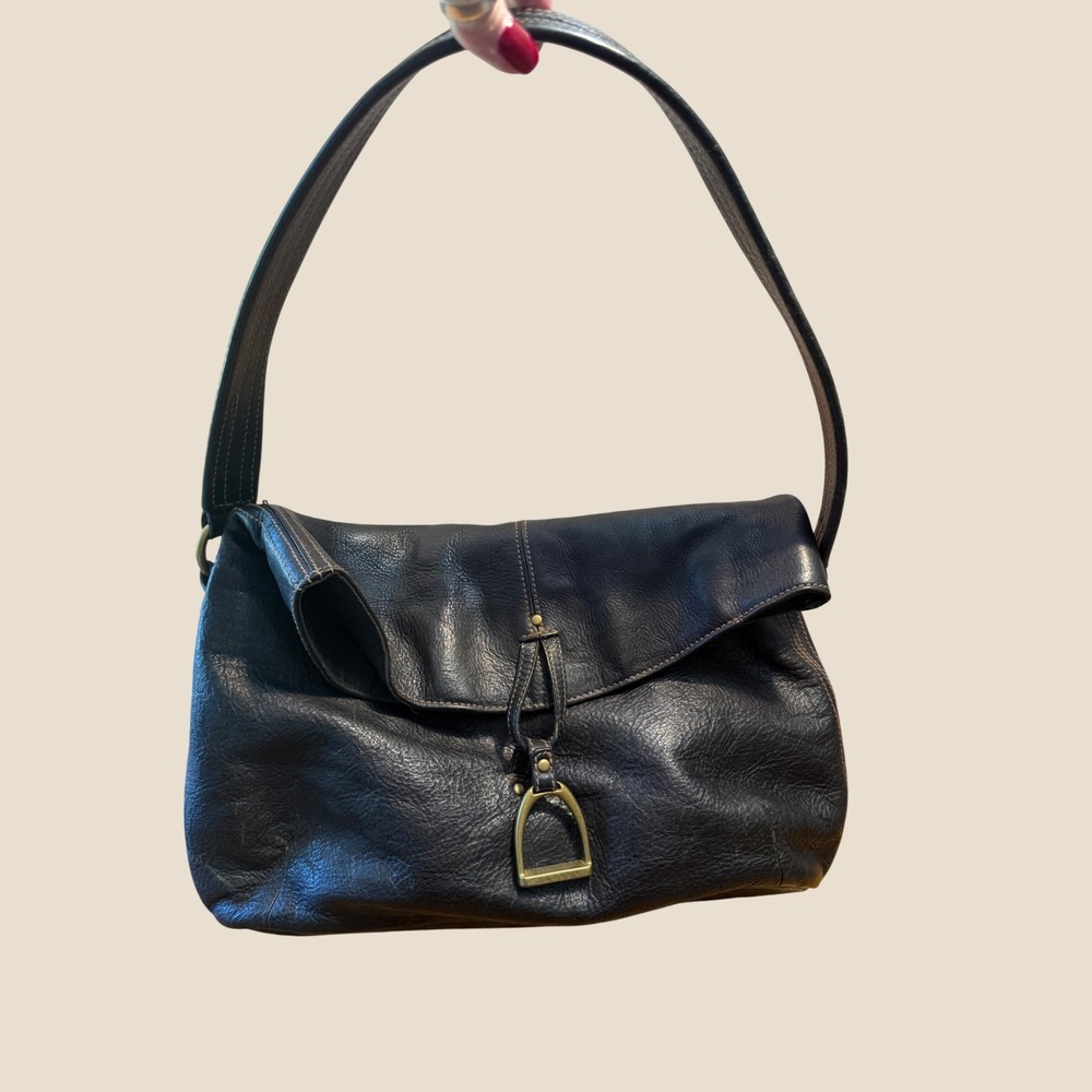Lauren Ralph Lauren Black Leather Stirrup Hobo Shoulder Bag Y2K Equestrian